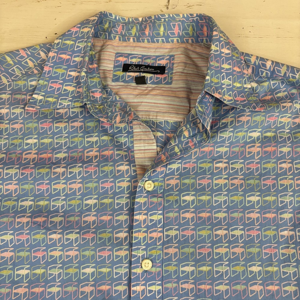 Robert Graham Geometric Shirt Mens L Blue Cotton Short Sleeve Button-Up Casual